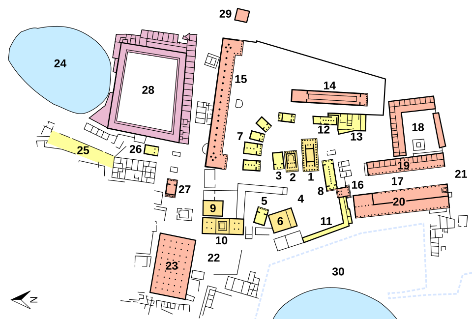 Plan coloré de l’aire sacrée de Délos, avec édifices numérotés, lac sacré et port.