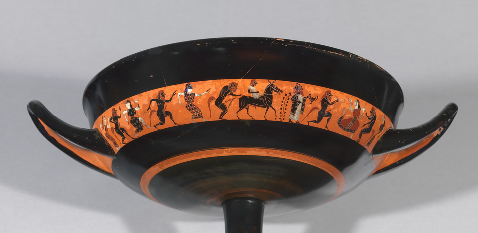 Coupe grecque du peintre d’Oakeshott : cortège du retour d’Héphaïstos sur l’Olympe, avec Dionysos et une mule, vers 550 avant notre ère.