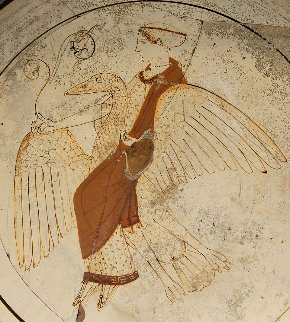 Aphrodite sur un cygne, peinture antique d'une coupe attique à fond blanc du Ve siècle avant notre ère.