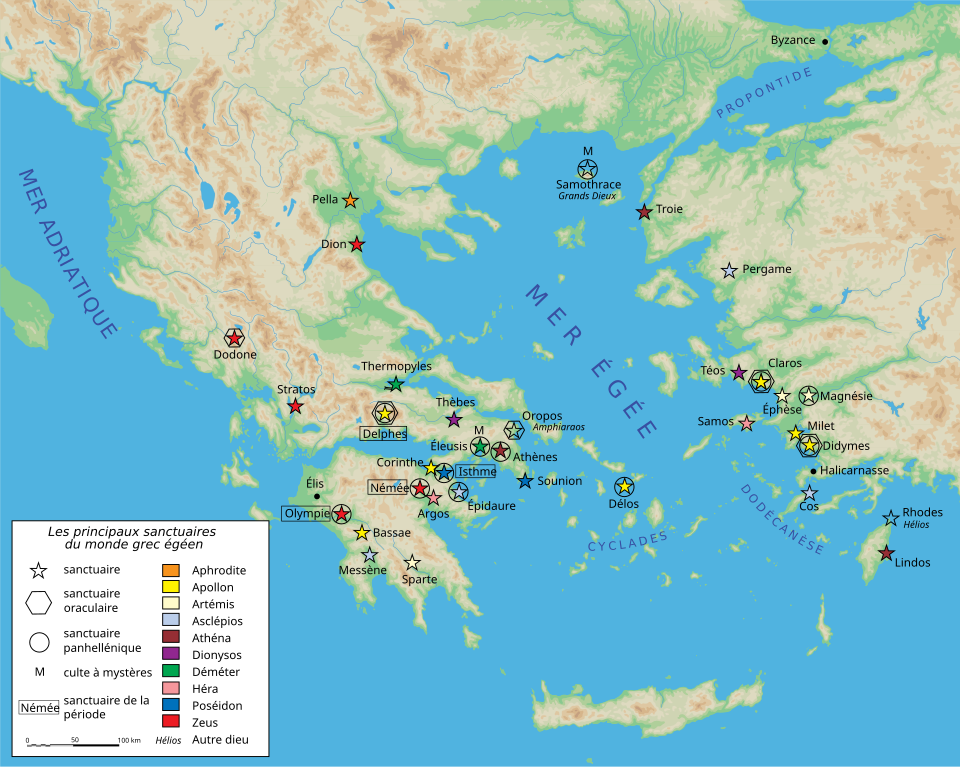 Carte en français des principaux sanctuaires de Grèce, avec symbole de l'oracle, des concours et des cultes.