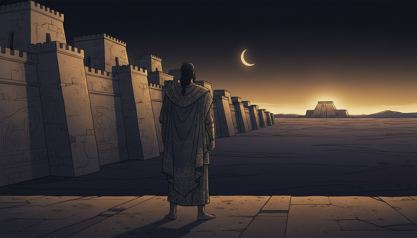 Évocation artistique générée par IA : héros de l’ancienne Mésopotamie devant les murailles imaginaires d’Uruk à la tombée de la nuit.
