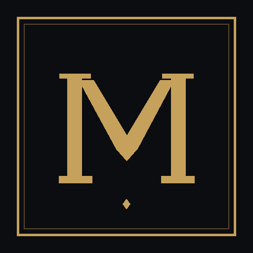 Monogramme MYTHOS : lettre M dorée dans un cadre doré sur fond noir.