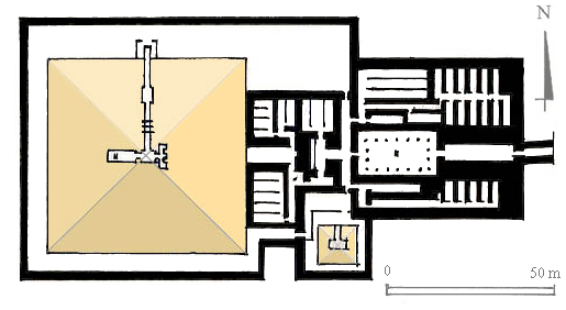 Plan moderne du complexe funéraire d’Ounas à Saqqarah montrant les grandes parties de la pyramide et de ses temples.