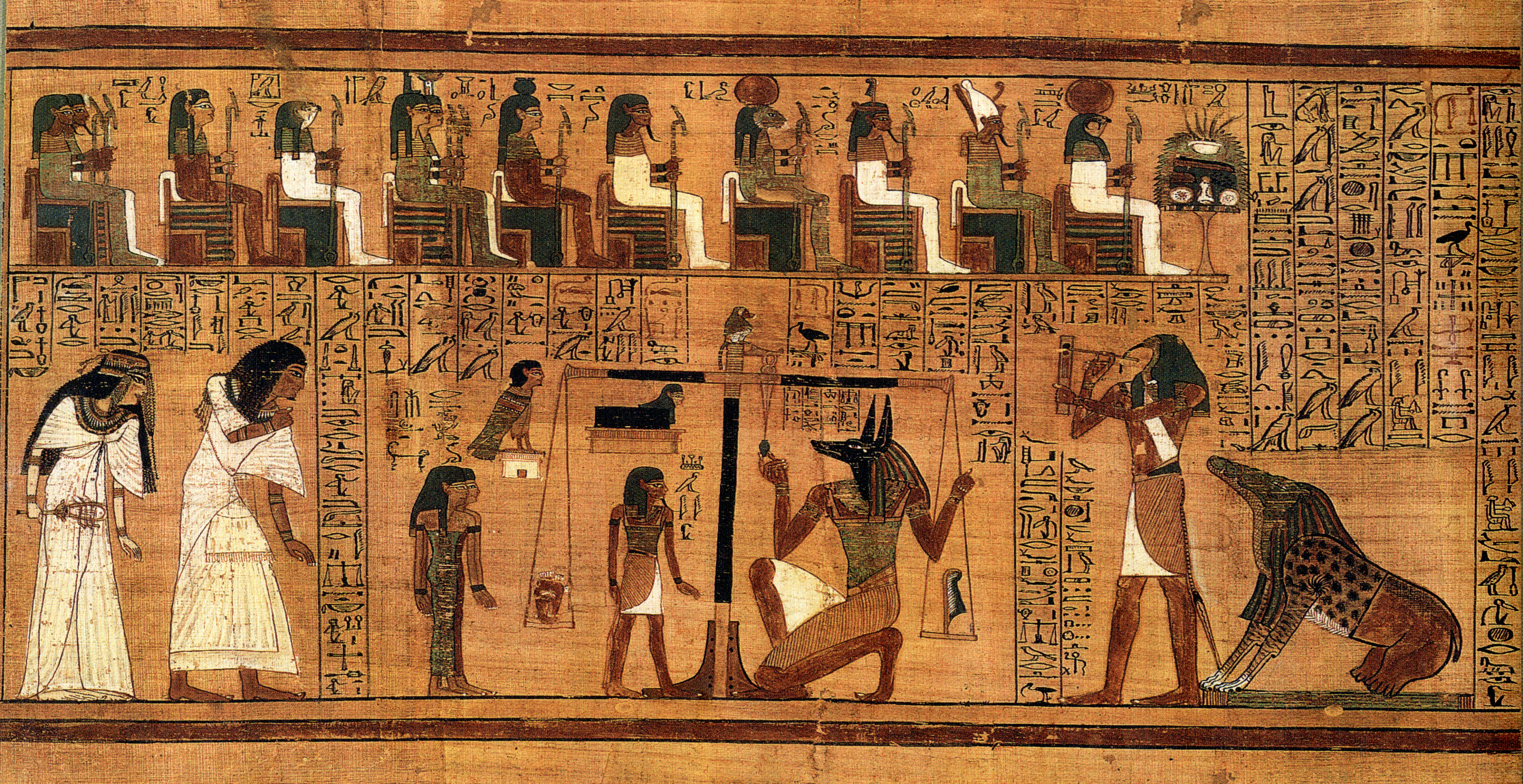 Papyrus d’Ani, pesée du cœur : Anubis ajuste une balance entre le cœur d’Ani et la plume de Maât, près de Thot et Ammout.