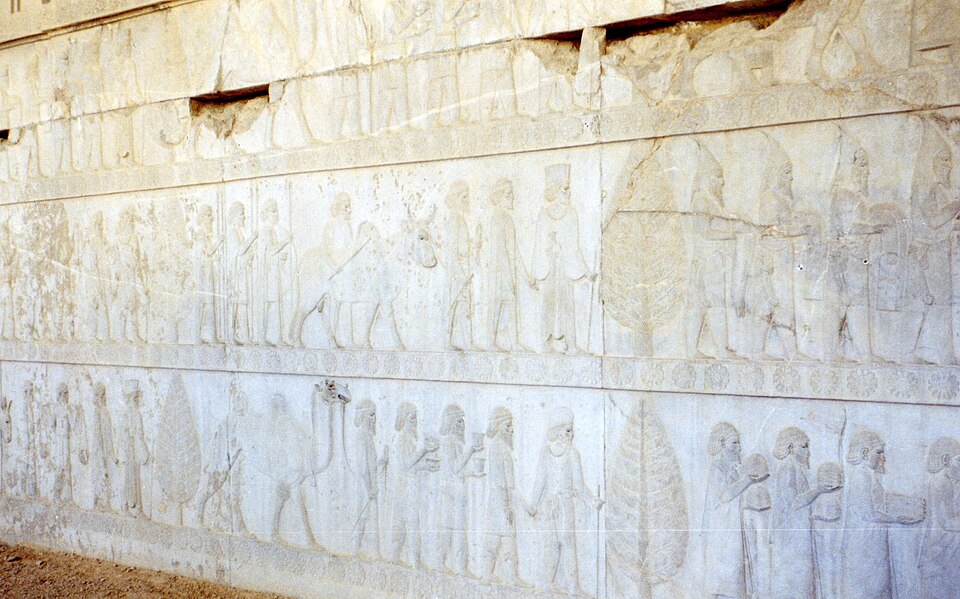 Reliefs achéménides de l’Apadana de Persépolis, plusieurs porteurs de dons en procession.