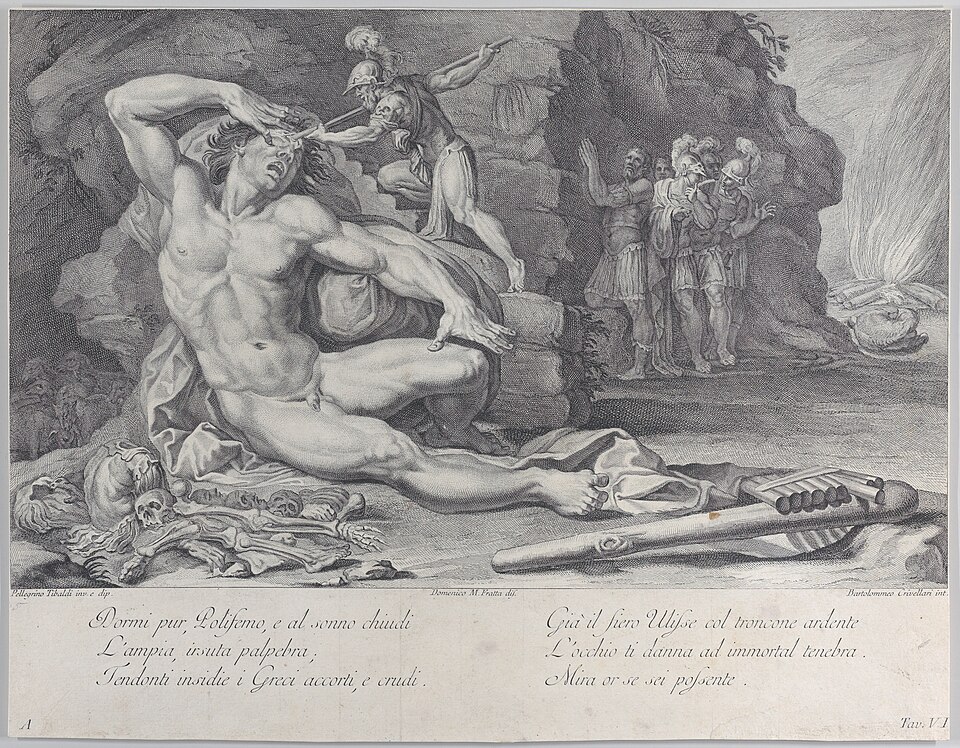 Gravure de 1756 figurant Ulysse et ses compagnons aveuglant Polyphème à l’aide d’un pieu ardent.