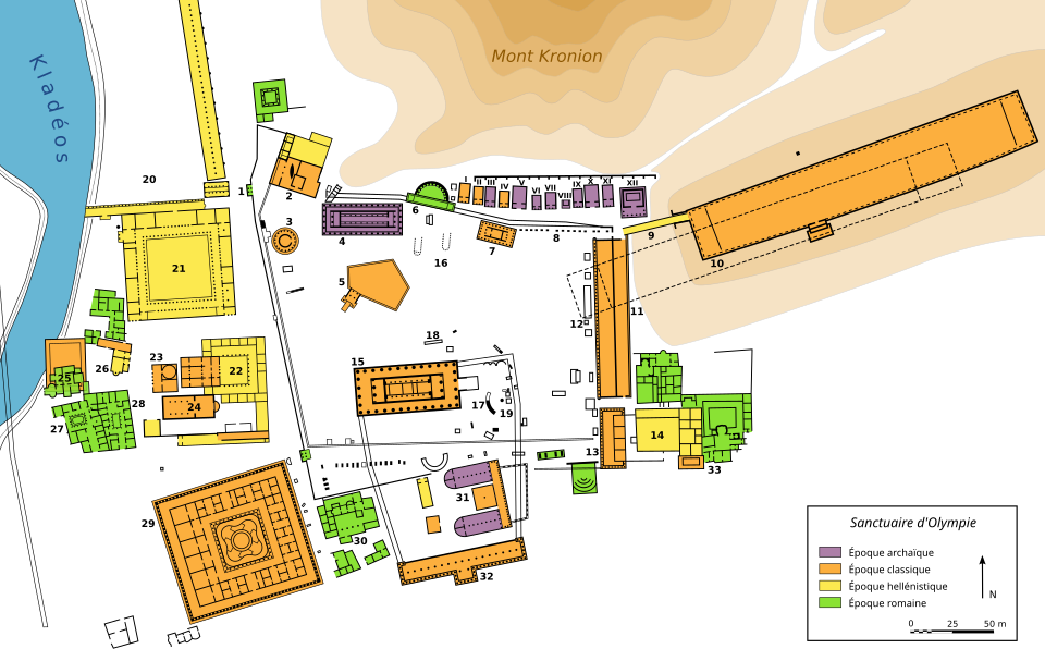 Plan historique d’Olympie en français, avec temple de Zeus, stade, atelier de Phidias et monuments numérotés.