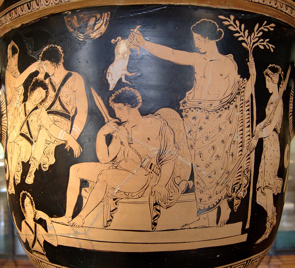 Cratère apulien du peintre des Euménides, Oreste purifié par Apollon avec Clytemnestre et les Érinyes, vers 380–370 avant notre ère.