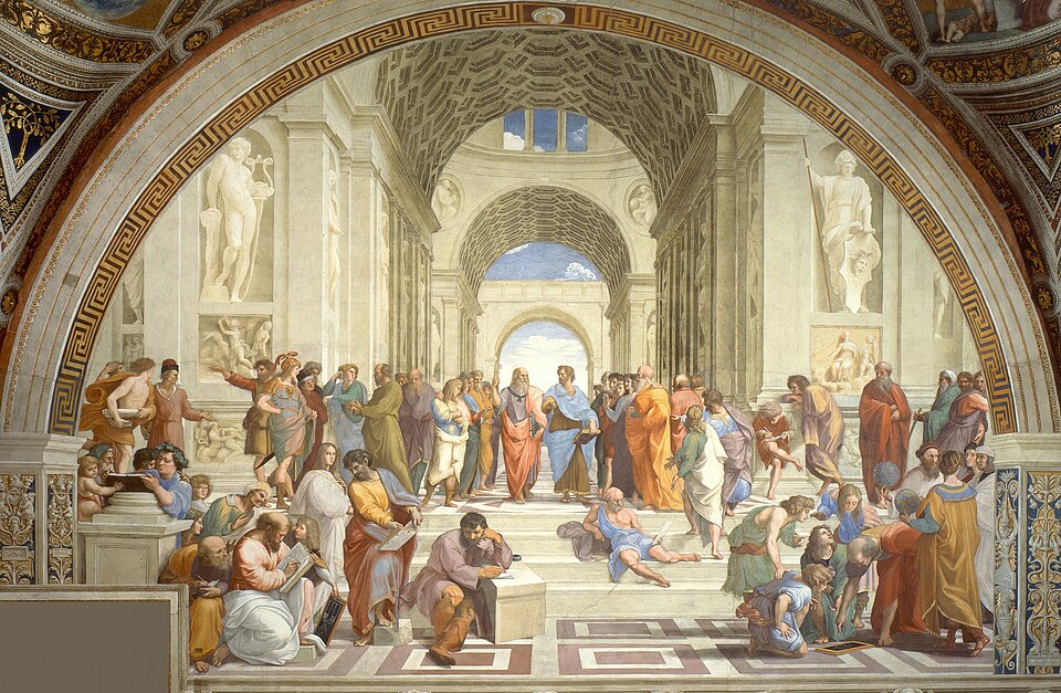 Fresque L’École d’Athènes de Raphaël montrant des penseurs grecs, avec Platon et Aristote au centre.